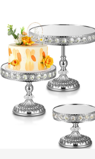 Photo 1 of Nuanchu 3 Pcs Wedding Metal Cake Stand Set with Crystal Beaded Mirror Top Cake Display Stand Cupcake Display Plate Crystal Dessert Cheese Stand Cake Holder (Silver)