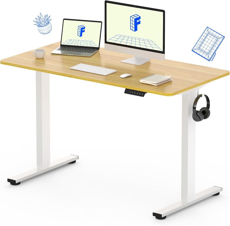 Photo 1 of Standing Desk 48 x 24 Inches Height Adjustable Desk Whole-Piece Desktop Electric Stand up Desk Home Office Table for Computer Laptop (White Frame + 48 in Maple Desktop)