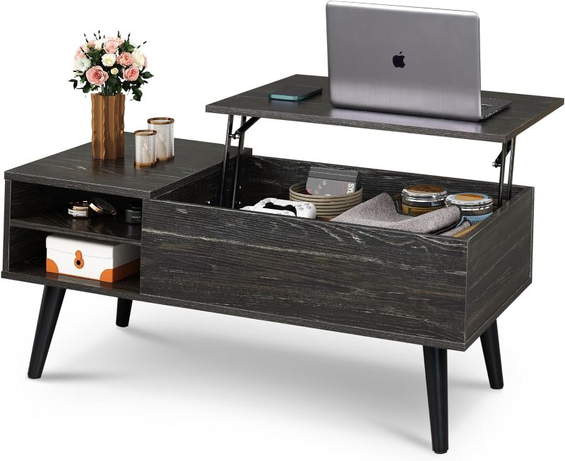 Photo 1 of WLIVE Wood Lift Top Coffee Table with Hidden Compartment and Adjustable Storage Shelf, Lift Tabletop Dining Table for Home Living Room, Office, Charcoal Black