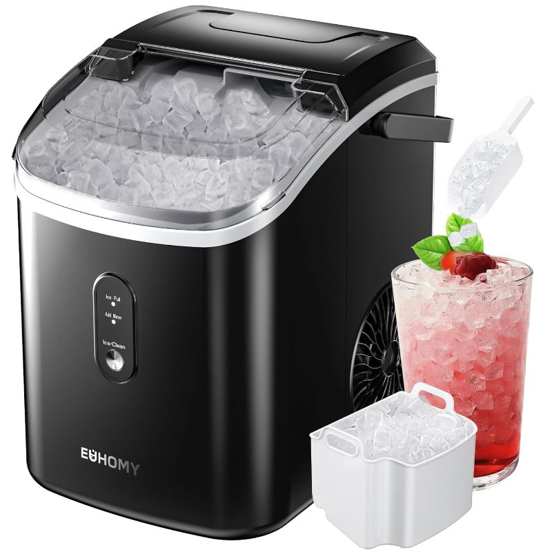 Photo 1 of EUHOMY Nugget Ice Maker Countertop with Handle, Ready in 6 Mins, 34lbs/24H, Removable Top Cover, Auto-Cleaning, Portable Sonic Ice Maker with Basket and Scoop, for Home/Party/RV/Camping. (Black)