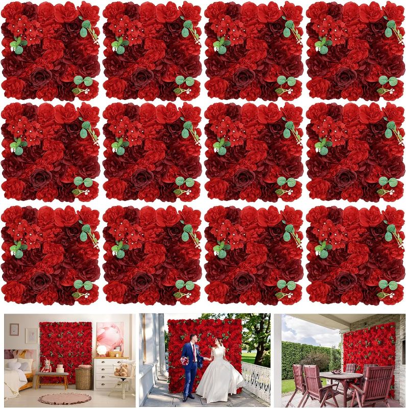 Photo 1 of Artificial Flower Panels for Wall Backdrop 12Pack- 3D Floral Mat Silk Rose Hydrangea for Home Party Wedding Birthday Photo Background, Festival & Event Wall Décor?15 * 15 * 6.7inches, Dark Red?