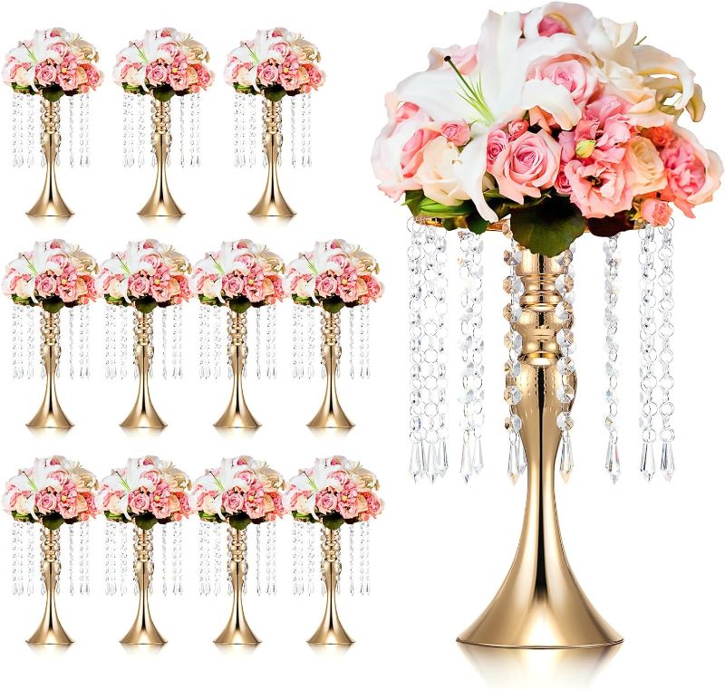 Photo 1 of Unittype Wedding Centerpieces for Tables 13.4 Inch Tall, Crystal Flower Stand Floral Vases for Tabletop Flower Arrangement Stand Valentine's Day Party Decor(Gold, 12 Pcs)