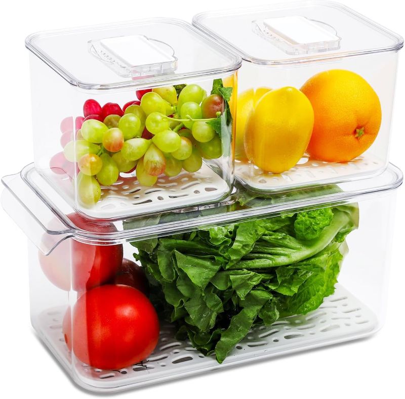Photo 1 of Fridge Storage Containers Produce Saver Stackable Refrigerator Organizer Bins with Removable Drain Tray Fridge Organizer for Fruits and Vegetables 3 Pack