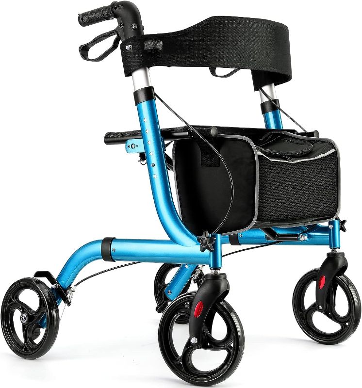 Photo 1 of Rollator Walkers for Seniors-Folding Rollator Walker with Seat and Four 8-inch Wheels-Medical Rollator Walker with Comfort Handles and Thick Backrest-Lightweight Aluminium Frame,Blue