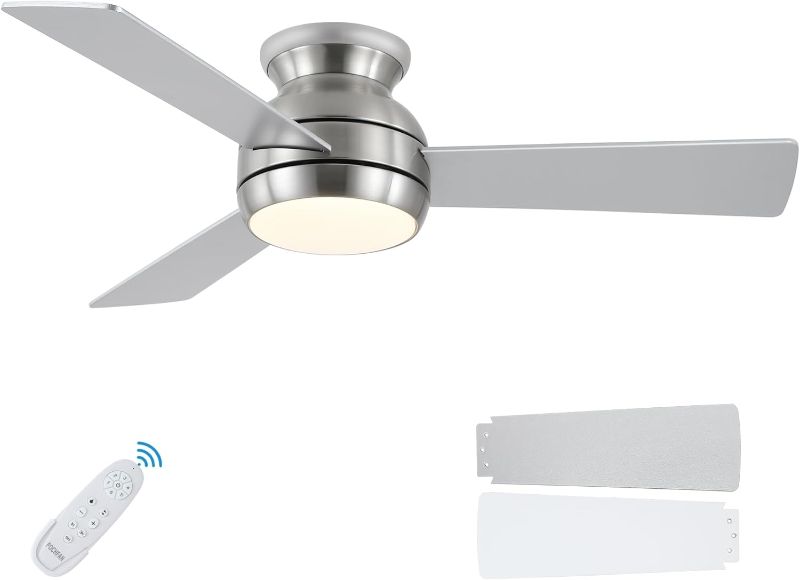 Photo 1 of 52 Inch Ceiling Fans with Lights and Remote, LED Flush Mount Black Ceiling Fan with Quiet DC Motor, Dimmable 6 Speeds Reversible Low Profile Modern Ceiling Fan for Bedroom, Living Room