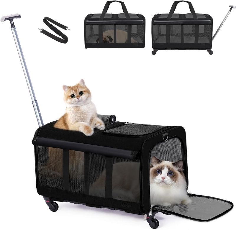 Photo 1 of Pet Carrier with Wheels for 2 Cats - Double Compartment Foldable Cat Carrier with Wheels for 2 Small Cats/Dogs or Large Cats, Cat Travel Carrier for Hiking/Veterinary Visits (Black, Large)