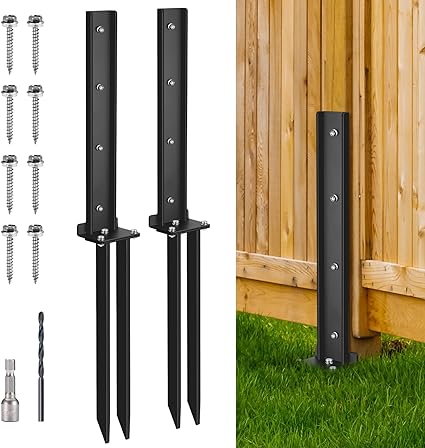 Photo 1 of 2 Pack Fence Post Anchor Kit, Heavy Duty Steel Fence Post Repair Stakes, Fence Post Anchor Ground Spike for Repairing Tilted Broken Wooden F