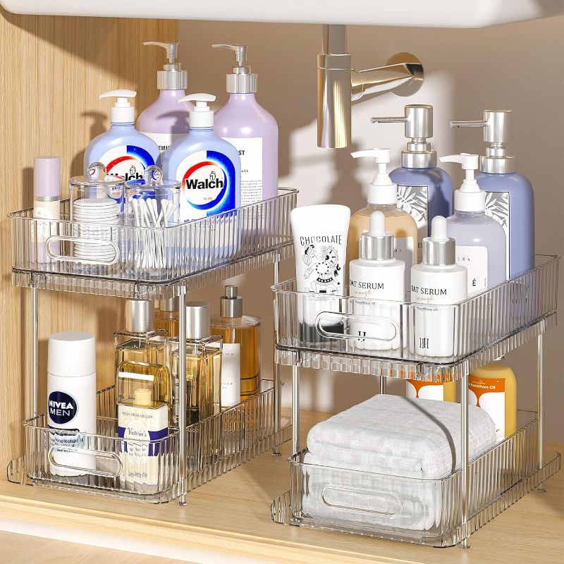 Photo 1 of Delamu 2 Sets of 2-Tier Clear Bathroom Under Sink Organizers and Storage, Snap-Lock Pull Out Bathroom Medicine Cabinet Organizer,Multi-Purpose Kitchen Pantry Organizer and Storage with Movable Divider

