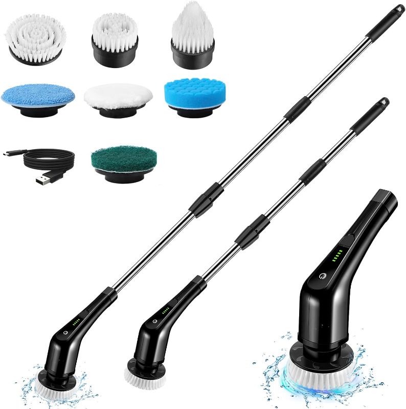 Photo 1 of Exfeeko Electric Spin Scrubber, Cordless Bath Tub Power Scrubber with Long Handle & 7 Replaceable Heads, Detachable as Short Handle, Shower Cleaning Brush Household Tools for Tile Floor & Bathroom
