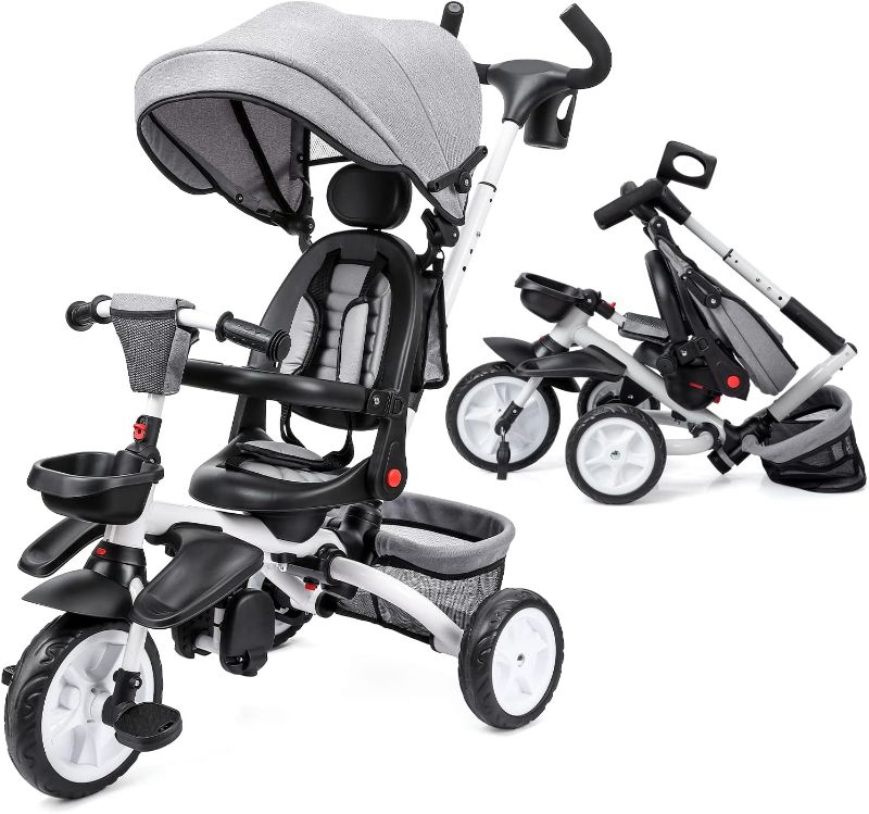 Photo 1 of Baby Tricycle, 7 in 1 Folding Toddler Tricycle w/Removable Adjustable Push Handle, Canopy, Rotatable Seat, Safety Harness, Cup Holder & Storage, Trike for 1-5 Year Old (Gray)
