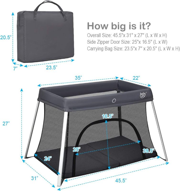 Photo 1 of BABY JOY 2 in 1 Travel Crib with Side Zipper, Portable Pack and Play with Soft Washable Mattress, Lightweight Installation-Free Home Playard with Carry Bag, for Infants & Toddlers (Silver)
