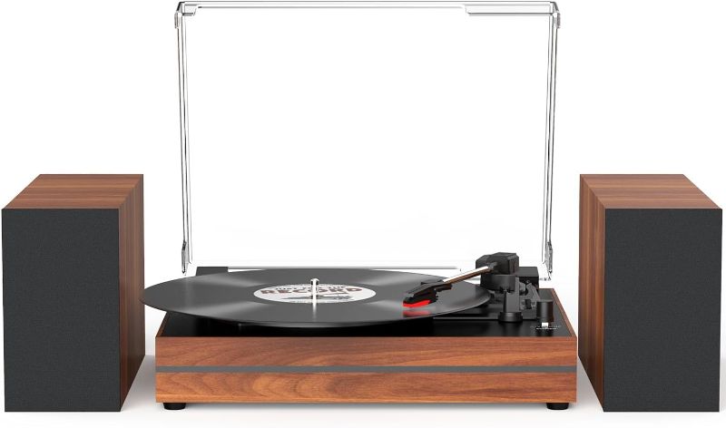Photo 1 of Record Player for Vinyl with External Speakers, Belt-Drive Turntable with Dual Stereo Speakers Vintage Vinyl LP Player Support 3 Speed Wireless AUX Headphone Input Auto Stop for Music Lover Wood Bark Light Bark Come with Two External Speakers