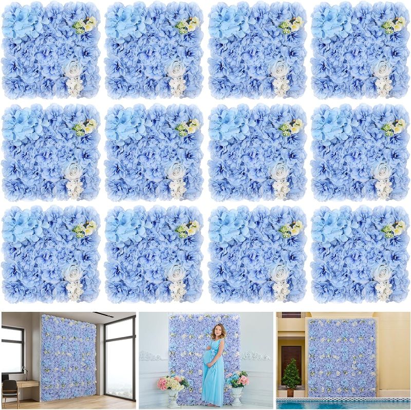Photo 1 of Silk Flowers Wall Panels for Wedding Backdrop-12packs Artificial Floral Wall Mat 3D Flower Wall Hydrangea Panels Plastic Handmade for Party Event Stage Photography Home Decor Blue
