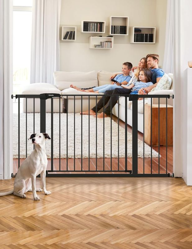 Photo 1 of BABELIO 36-57" Extra Wide Baby Gate, Auto Close Dog Gate for The House, Stairs and Doorways, Pressure Mounted Pet Gates with Large Walk Thru Door, NO Tools Needed NO Drilling, Black
