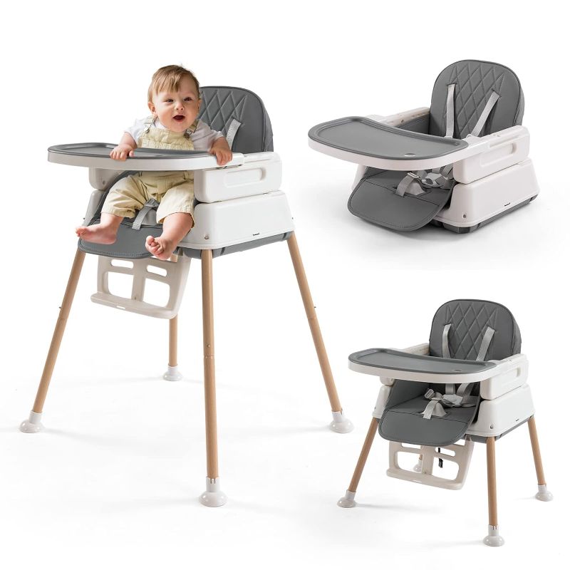 Photo 1 of 3-in-1 Convertible Baby High Chair with Adjustable Feeding Tray, 5 Point Harness, Footrest - Portable, Gray
