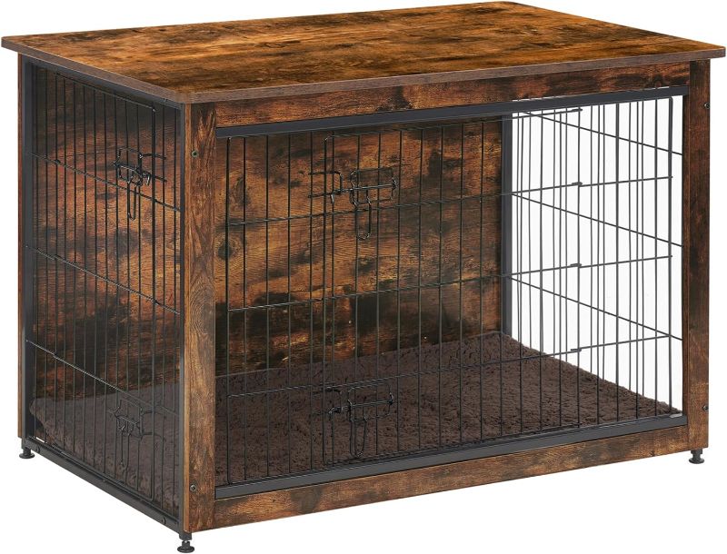 Photo 1 of DWANTON Dog Crate Furniture with Cushion, Wooden Dog Crate Table, Double-Doors Dog Furniture, Indoor Dog Kennel, Dog House, Dog Cage Medium, 32.5" L M (32.5"L x 21.9"W x 25.2"H) Rustic Brown
