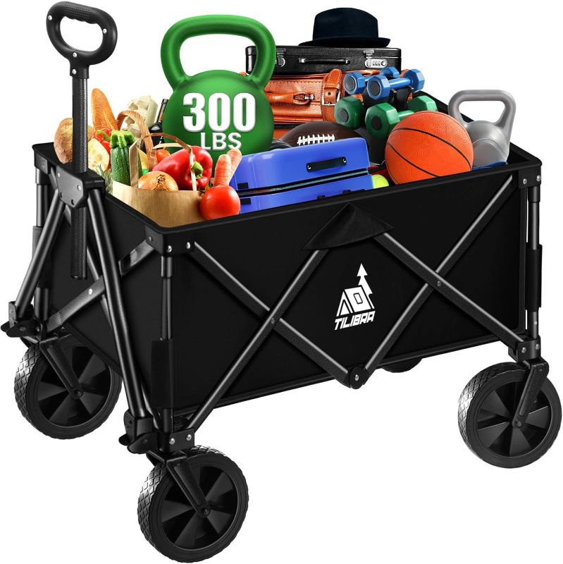 Photo 1 of Colapsilble Foldable Wagon, 300LB Load and 200L Large Capacity Heavy Duty Beach Folding Wagon with All Terrain Wheels, Outdoor Garden Cart Wagon for Camping Shopping Sports, Black

