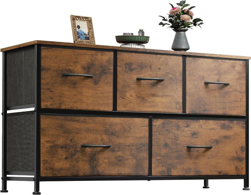 Photo 1 of WLIVE Dresser for Bedroom with 5 Drawers, Wide Chest of Drawers, Fabric Dresser, Storage Organizer Unit with Fabric Bins for Closet, Living Room, Hallway, Rustic Brown Wood Grain Print
