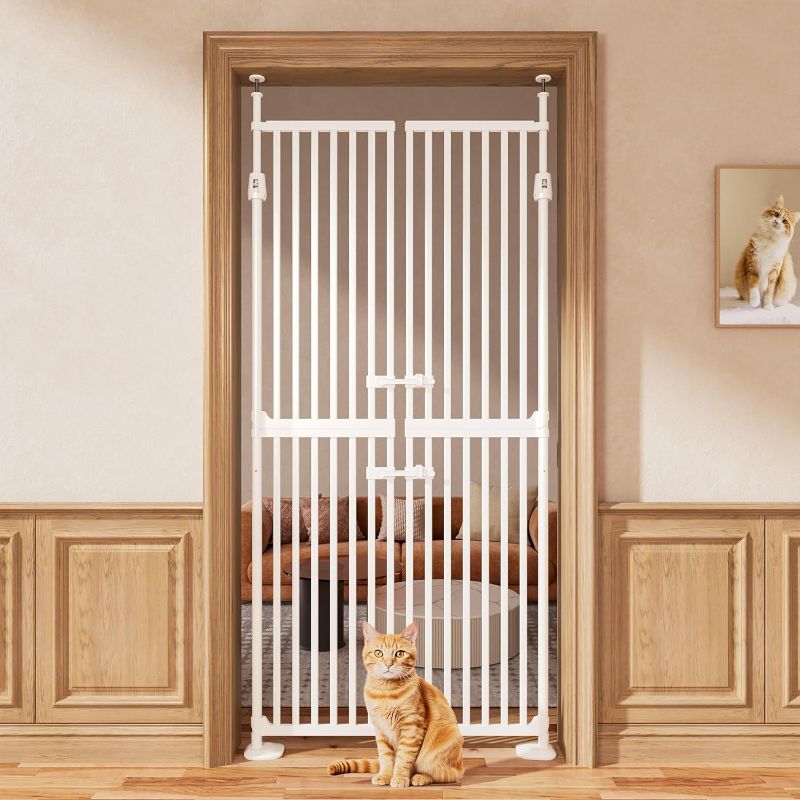Photo 1 of 71" High Extra Tall Cat Gate, 33.85-35.43" Wide Cat Safety Gate, 1.34" Extra Narrow Gap, Auto Close, No Drilling, Double Pet Door for Doorways, Kitchen

