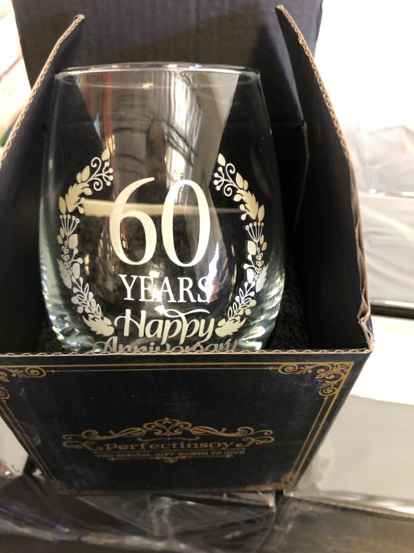 Photo 2 of 60 Years Happy Anniversary Wine Glass with Gift Box, 60th Anniversary Wedding Gift For Mom, Dad, Wife, Soulmate, Couple, Funny Vintage Unique Personalized, 60 Years Gifts