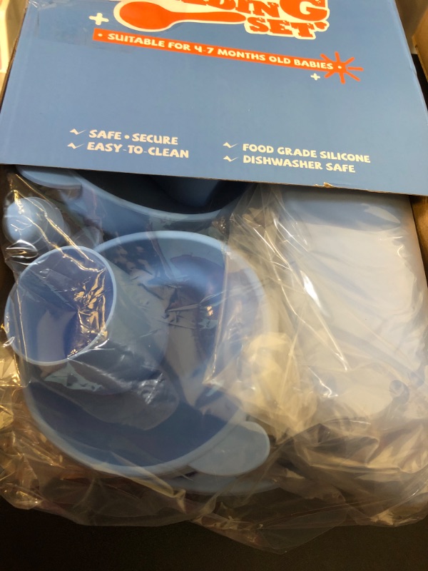 Photo 2 of Mum & Cub Baby Led Weaning Supplies, Silicone Baby Feeding Set, Includes Suction Plate, Suction Bowl, Spoon, Fork, Adjustable Bib, Cup and Food Feeder for Baby Self Eating Feeding Supplies, Blue