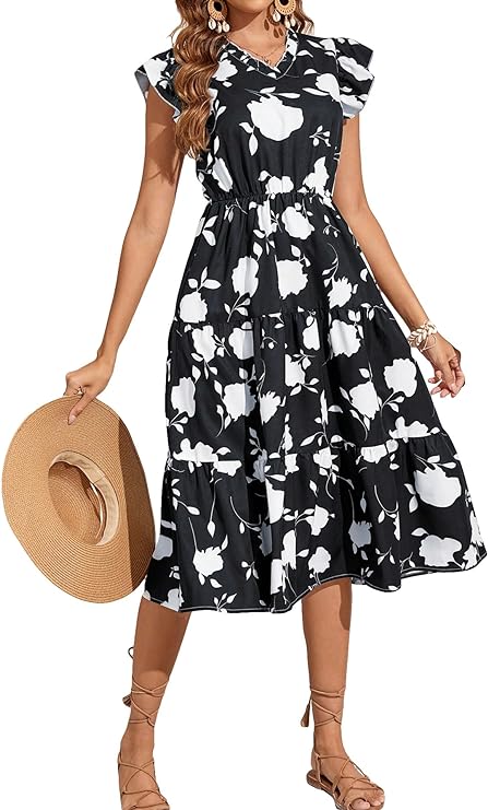 Photo 1 of Size S--SOLY HUX Summer Dresses for Women Floral Print V Neck Cap Sleeve A Line Ruffle Hem Midi Dress
