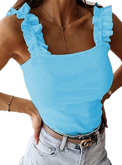 Photo 1 of Size L--Remidoo Women's Causal Sleeveless Frill Trim Strap Ribbed Knit Cami Tank Top