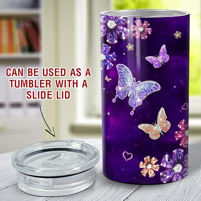 Photo 1 of SANDJEST Purple Butterfly Tumbler Jewelry Style Butterfly Lover 4 in 1 16oz Tumbler Can Cooler Coozie Skinny Stainless Steel Tumbler Gift for Women Girl Daughter Sister Mom Christmas Birthday