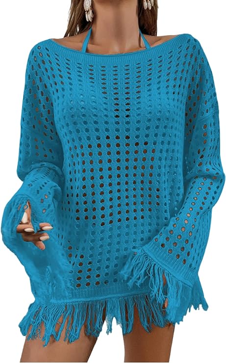 Photo 1 of Size M--MakeMeChic Women's Crochet Swimsuit Cover Up Long Sleeve Knitted Fringe Swim Beach Cover Up Swimwear