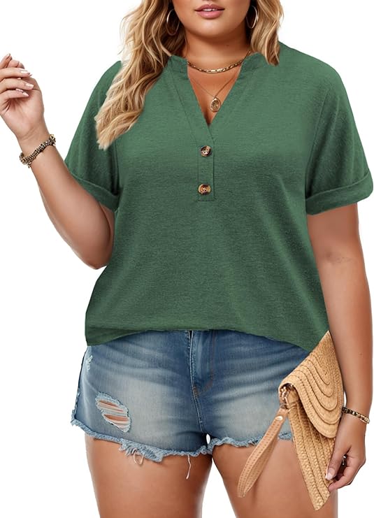 Photo 1 of Size 5XL--ROSRISS Plus-Size Shirts for Women Summer V Neck Buttons Tops Short Sleeve Tunics-5XL