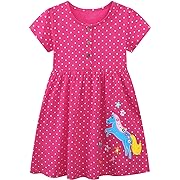 Photo 1 of Size 9/10Y---Toddler Girl's Easter Dresses Outfits Unicorn Summer Spring Cotton Cute Short Sleeve Casual Dress Clothing Clothes Raspberry