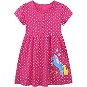 Photo 1 of Size  7/8y---Toddler Girl's Easter Dresses Outfits Unicorn Summer Spring Cotton Cute Short Sleeve Casual Dress Clothing Clothes Raspberry