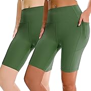 Photo 1 of Size L------APEXUP Workout Shorts, 8" Biker Shorts Women High Waist, Spandex Yoga Shorts with Side & Inner Pockets (Olive Green-2 PK, Large)