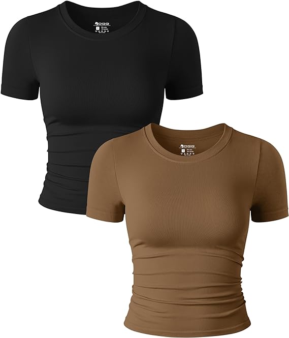 Photo 1 of Size S---OQQ Womens 2 Piece Shirts Short Sleeve Crew Neck Ruched Stretch Fitted Tee Shirts Crop Tops