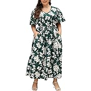 Photo 1 of Size 14---Nemidor Womens Plus Size Boho Floral Print Casual Flared Maxi Dress with Pocket NEM420(14,Green White)Nemidor Womens Plus Size Boho Floral Print Casual Flared Maxi Dress with Pocket NEM420(14,Green White)
