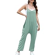 Photo 1 of Size XL--QIANSIQIANBO Womens Casual Sleeveless Jumpsuits Adjustable Spaghetti Strap Loose Rompers with Pockets-Pea Green