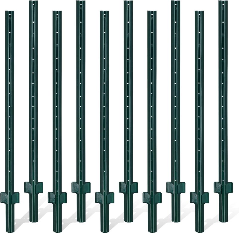 Photo 1 of Gtongoko 7 Feet Sturdy Duty Metal Fence Post, Pack of 10, U Post for Fencing Green Fence Posts for Garden Yard and Outdoor Wire
