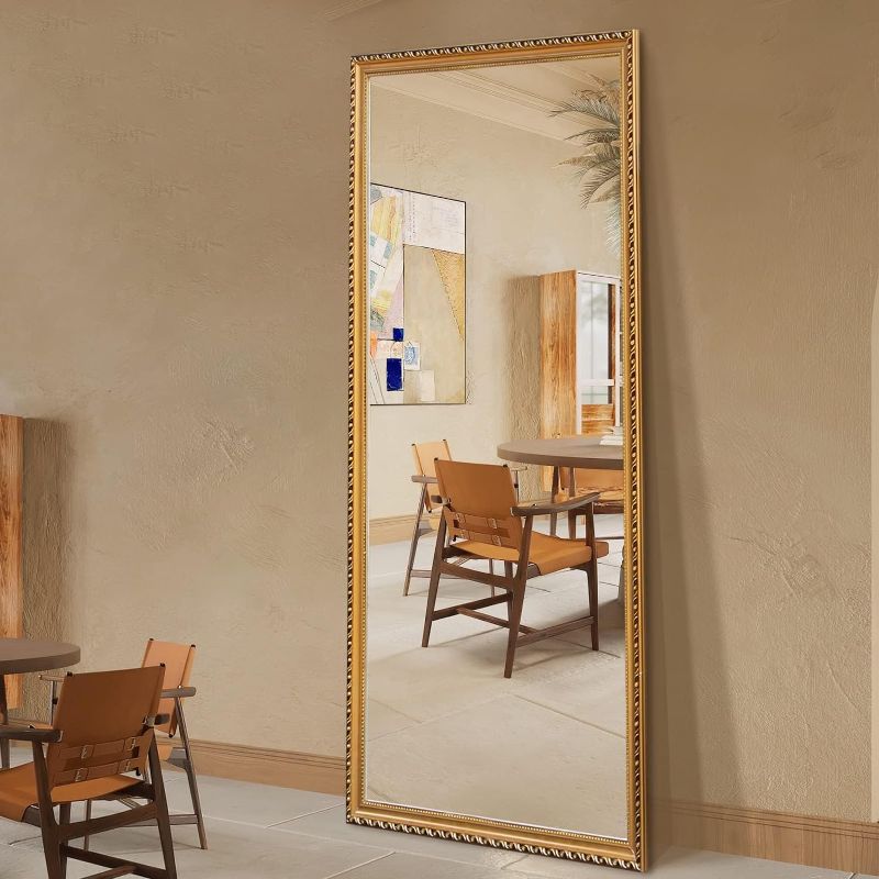Photo 1 of Full Length Mirror with Stand, 65"×22" Solid Wood Floor Mirror, Vintage Full Body Mirror with Holder, Leaning Against Wall or Wall Mounted for Bedroom, Living Room(Gold
