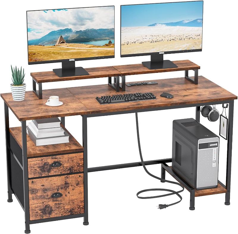 Photo 1 of Furologee Computer Desk with Drawer and Power Outlets, 47" Office Desk with 2 Monitor Stands and Fabric File Cabinet, Writing Gaming Table with Shelves and 2 Hooks for Home Office, Rustic Brown
