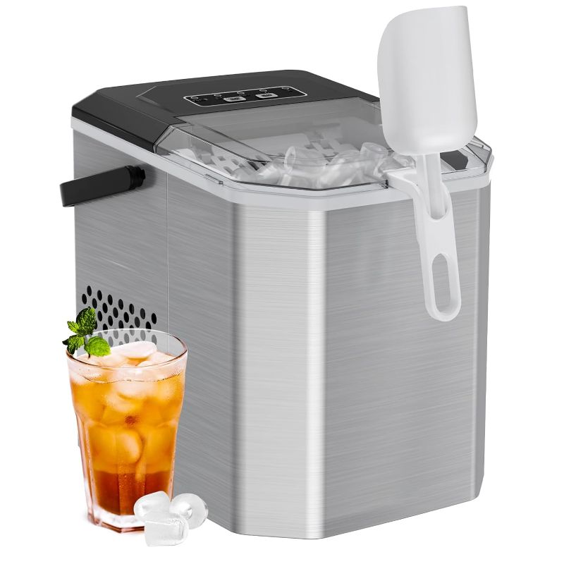 Photo 1 of Silonn Ice Maker Countertop, Stainless Steel Portable Ice Machine with Carry Handle, Self-Cleaning Ice Makers with Basket and Scoop, 9 Cubes in 6 Mins, 26 lbs per Day