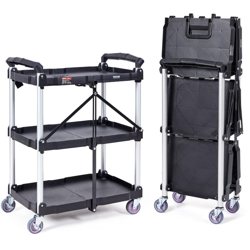 Photo 1 of VEVOR Foldable Utility Service Cart, 3 Shelf 165LBS Heavy Duty Plastic Rolling Cart with 360° Swivel Wheels (2 with Brakes), Ergonomic Handle, Portable Garage Tool Cart for Warehouse Office Home