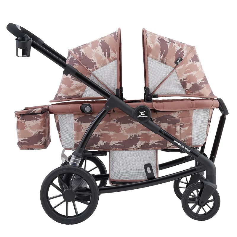 Photo 1 of All-Terrain Wagon Stroller for Two Kids, Double Stroller with Push or Pull Handle, Canopy, Storage Basket, Dinner Plate, Oversized Damping Wheels, Mosquito Net and Rain Cover (Brown)