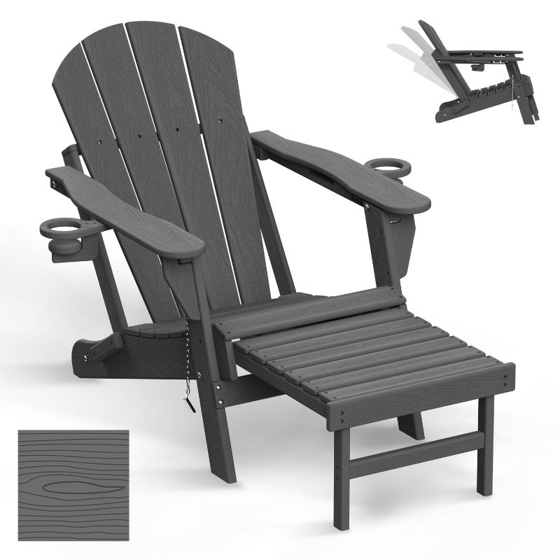 Photo 1 of Folding Adirondack Chair with Adjustable Back&Ottoman for Deck Patio Outdoor HDPE Lawn Chair,Gray