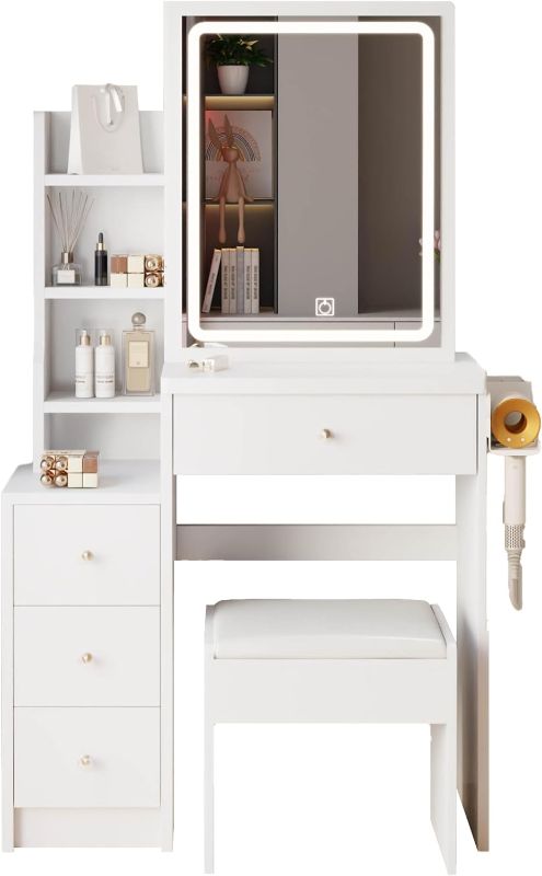 Photo 1 of 5-Drawers White Makeup Vanity Table Wooden Dressing Desk With Mirror and 3-Tier Storage Shelves 55.1 x 31.5 x 15.7 In.
