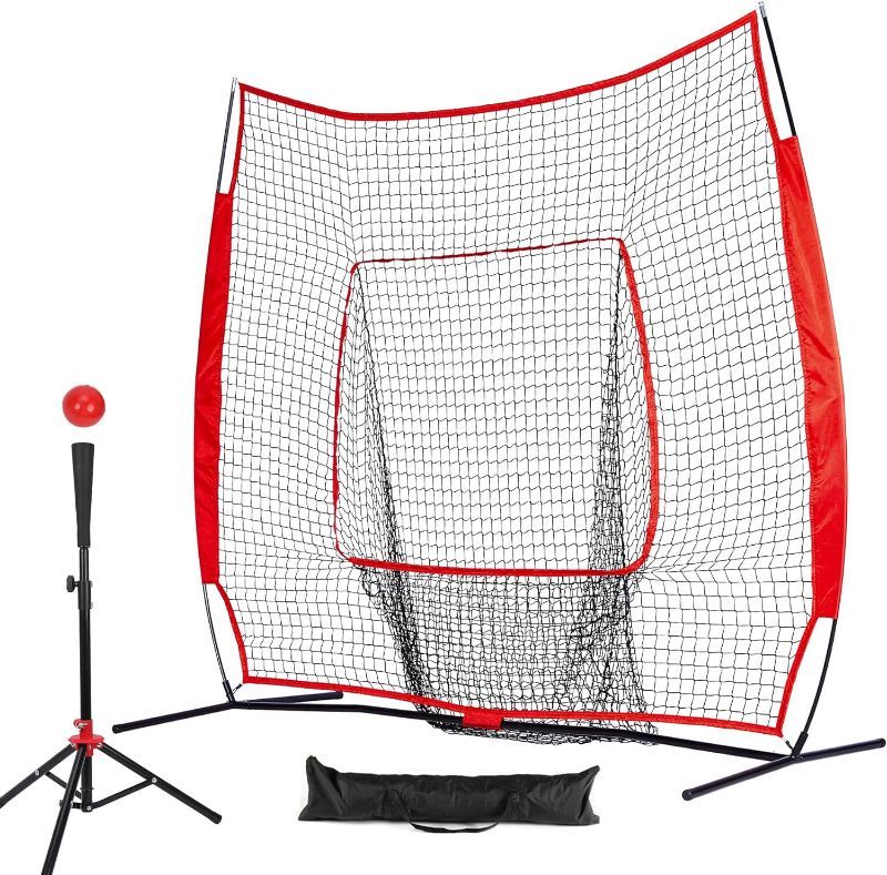 Photo 1 of 7×7 Baseball Net with Tee Kit, Portable Baseball Net for Hitting and Pitching, Softball Net with Tee, Carry Bag & Weighted Baseball
