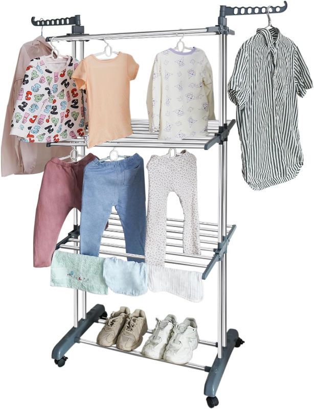 Photo 1 of Wiifo Foldable Clothes Drying Racks with Storage Shelves, Steel Garment Rack with Double Lockable Wheels,4-Tired Free-Standing Clothing Rack with 2 Pairs Side Hooks (Silver Grey)