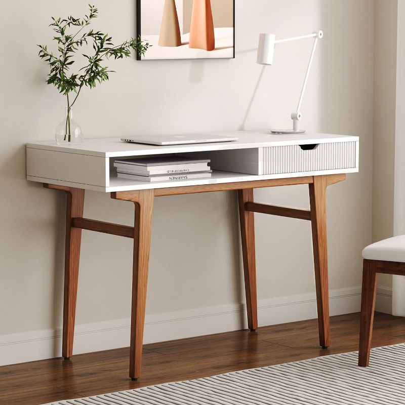 Photo 1 of White Computer Desk with Drawers - 45 inch Minimalist Small Solid Wood Mid-Century Modern Office Desk for Home - Boho Style Writing Table with Open Storage,Light Wooden Desk Workspace

