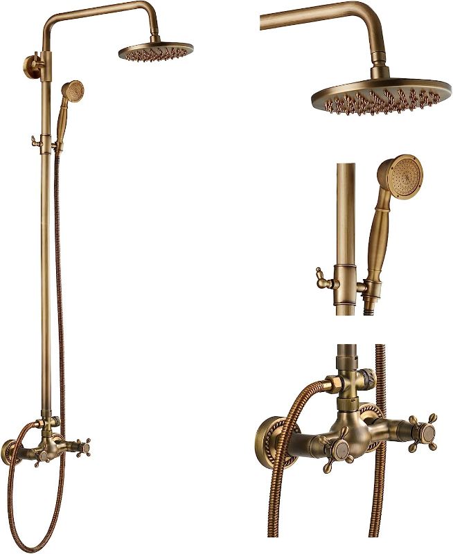 Photo 1 of Antique Brass Bathroom Shower Faucet Set Shower Fixture 8 Inch Rainfall Shower Head Handheld Shower Cross Handle