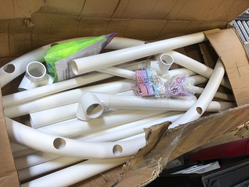 Photo 1 of VEVOR Pool Towel Rack, 7 Bar, White, Freestanding Outdoor PVC Curved Poolside Storage Organizer, Include 8 Towel Clips, Mesh Bag, Hook, Also Stores Floats and Paddles, for Beach, Swimming Pool, Home