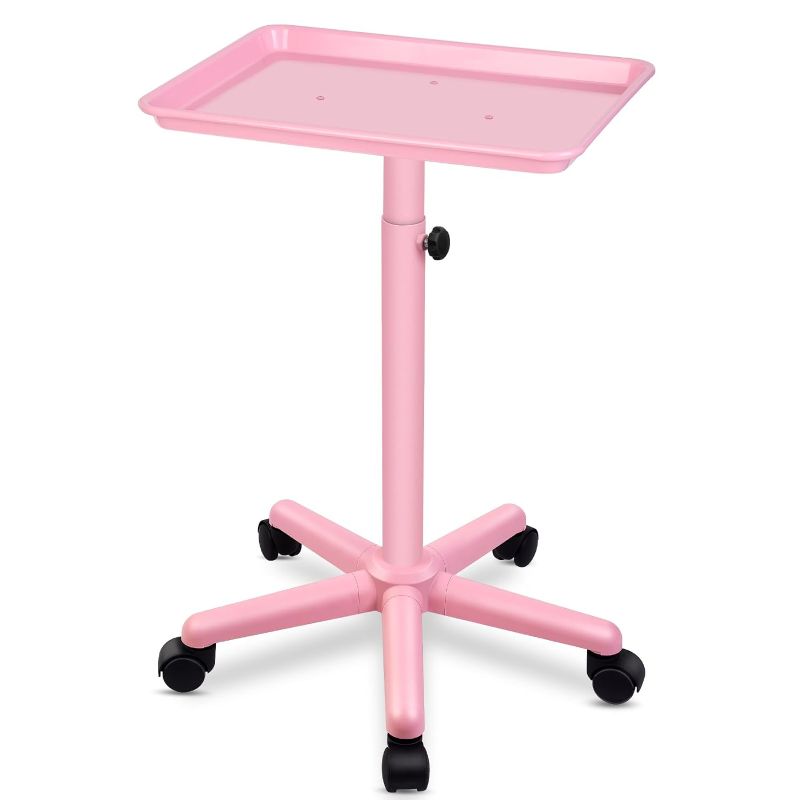 Photo 1 of Salon Tray,Hair Color Tray for Salon,Salon Rolling Tray,Tattoo Tray on Wheels,Height Adjustable Salon Service Tray,Pink
